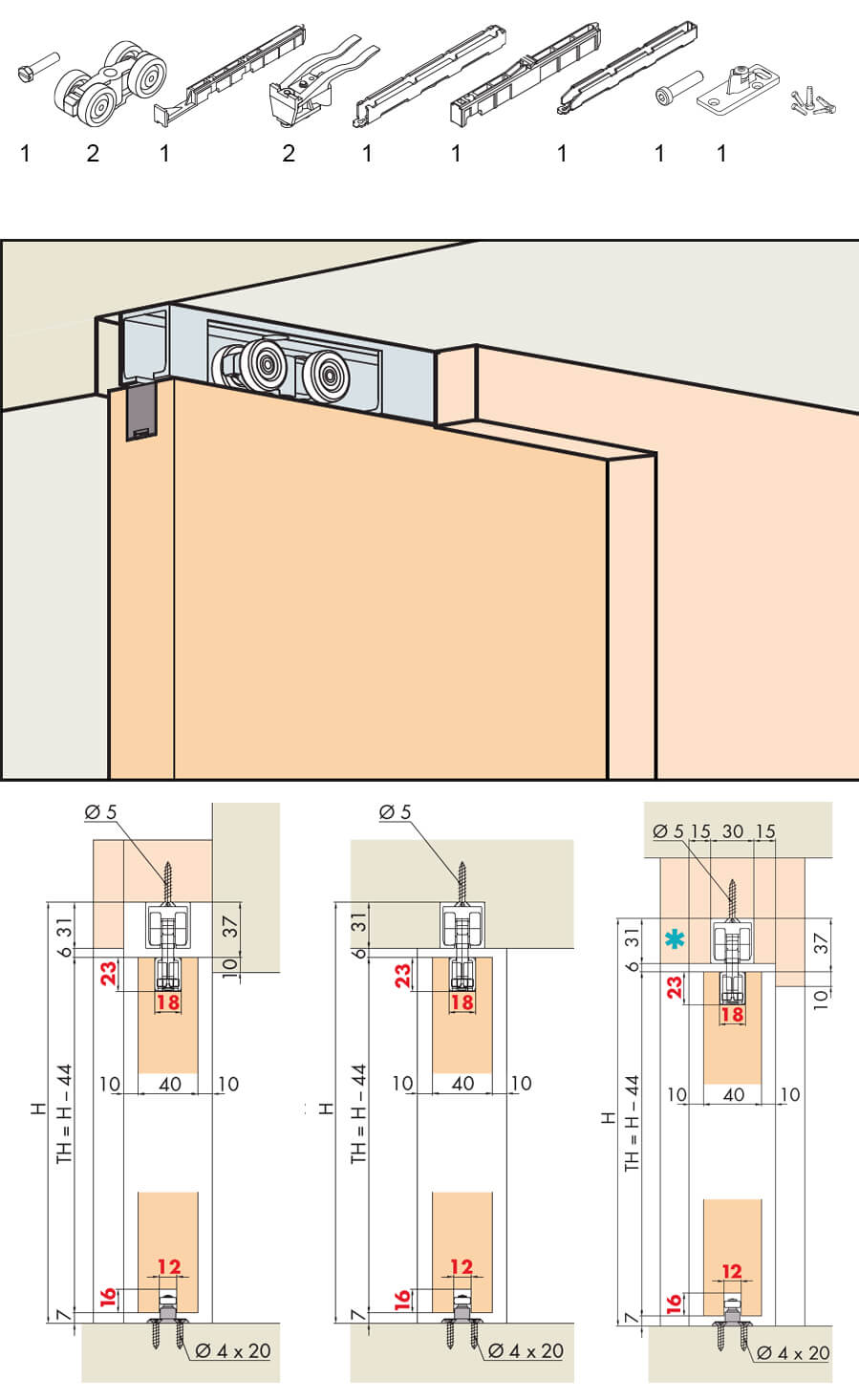 Hawa Porta 60 / 100 HMT Pocket Garnitur für 1 Holztüre, minimale Einbauhöhe in Tasche