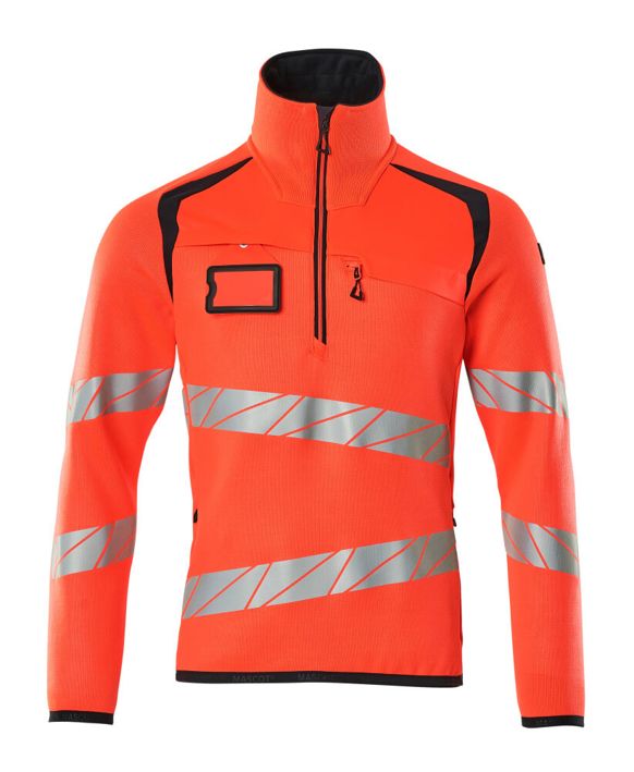 Strickpullover mit kurzem Reißverschluss ACCELERATE SAFE Hi-vis rot/schwarzblau