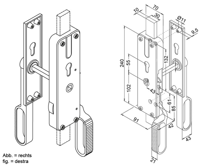 Schwerer Falttor-Treibriegel für Flachstangen 30 x 10 mm  