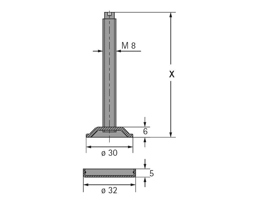 Sockelverstellschraube mit Gewinde M8 | Stahl chromatiert | 70 