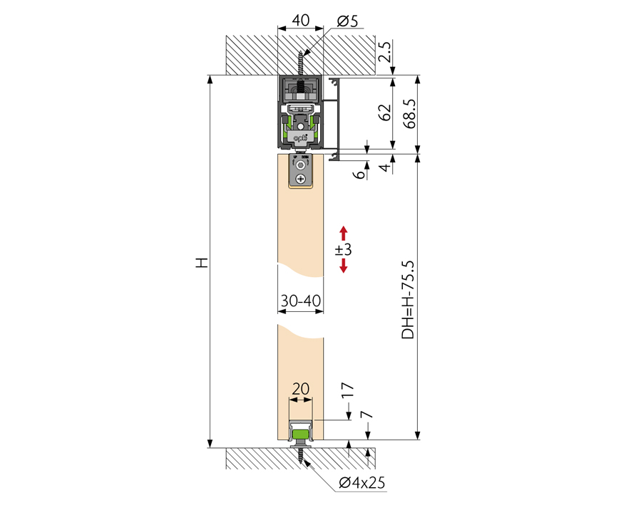 Schibetürbeschlag für 1 Holztür opk E-SPACE W Minimal 