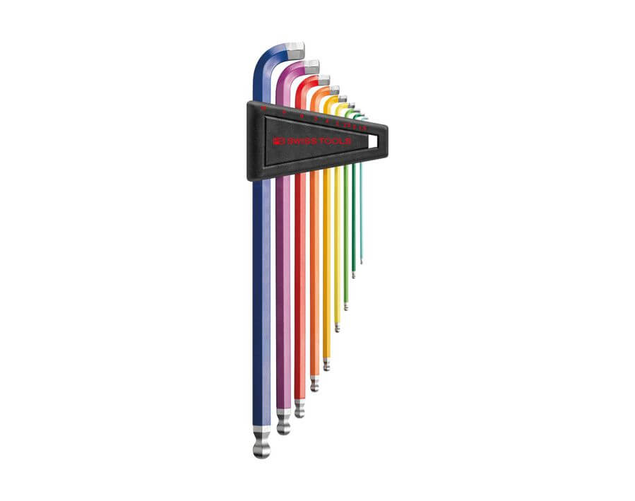 Winkelschraubendreher-Satz für Sechskant mit Kugelkopf und verkürztem 90°–100° Schenkel, lang, Rainbow
