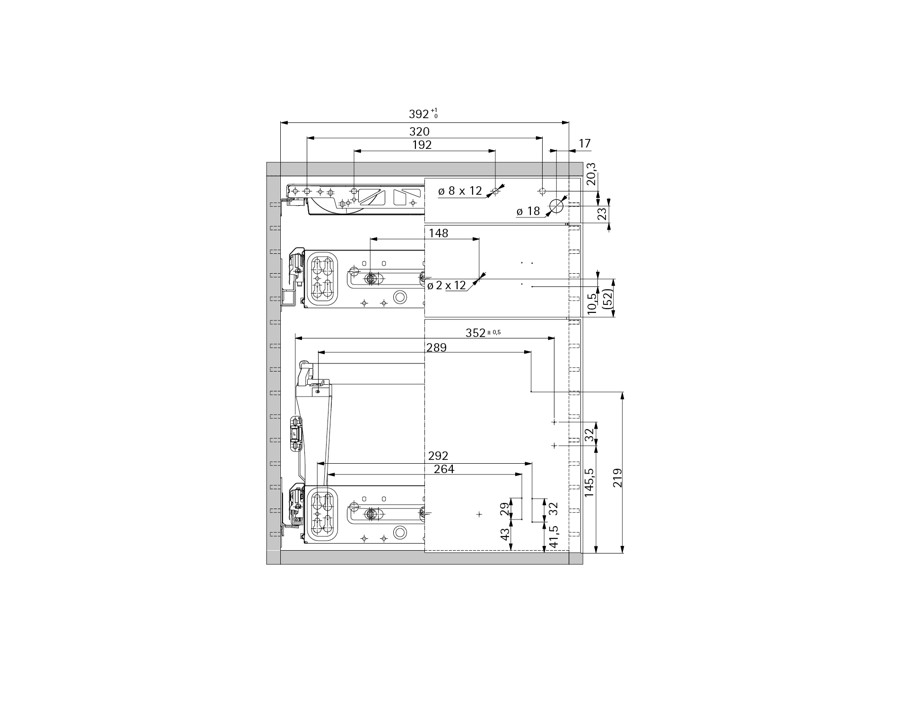 Konstruktionszeichnung: Schreibtischcontainer Einbaubreite: 392 mm