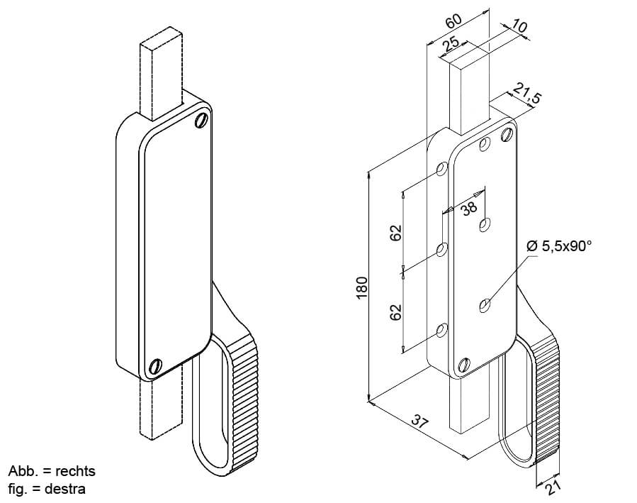 Falttor-Treibriegel für Flachstangen 25 x 10 mm  