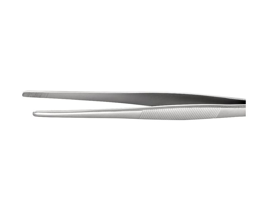 Universal-Pinzette, schlank-runde Form, mit gezahnten Greifflächen und runden, ca. 3,2 mm breiten Spitzen