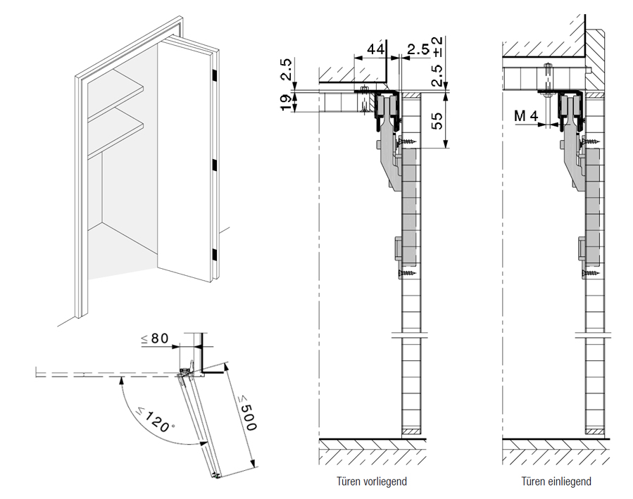 Garnitur für begehbaren Schrank, einseitig angeschlagen, ohne untere Führung, Hawa Multifold 30/W
